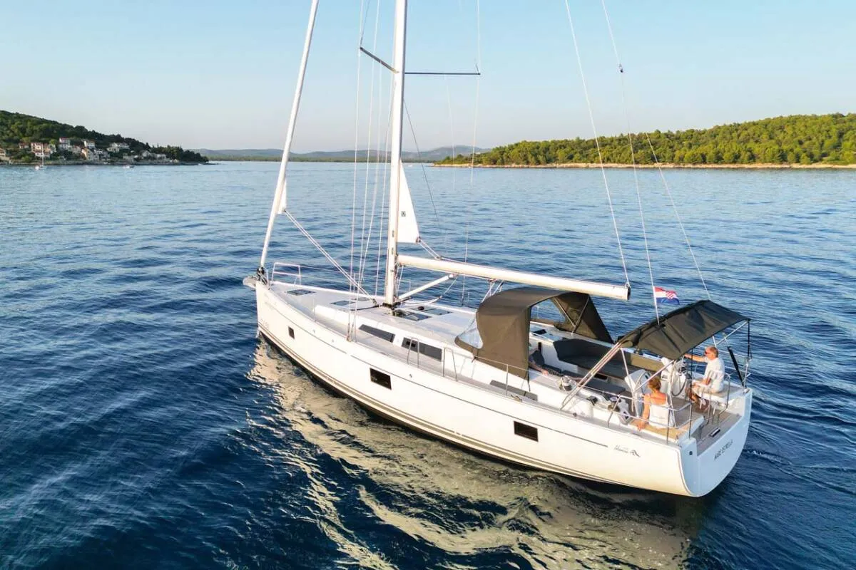 Exterior view of Frizzante, a Hanse Yachts Hanse 508 sailboat at Seget Donji, Croatia