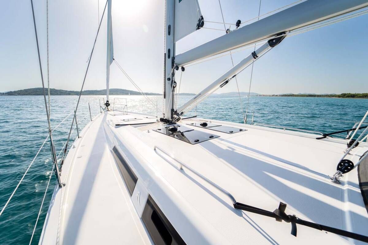 Deck of Frizzante, a Hanse Yachts Hanse 508 sailboat at Seget Donji, Croatia