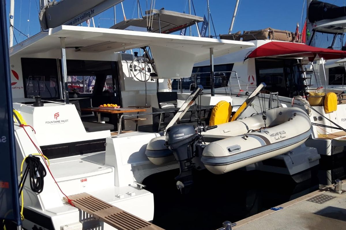 Exterior view of NALA, a Fountaine Pajot Lucia 40 catamaran at Seget Donji, Croatia