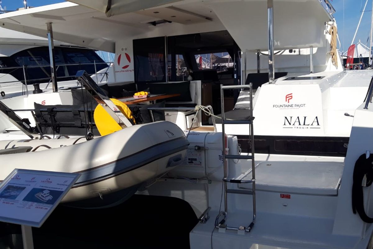Deck of NALA, a Fountaine Pajot Lucia 40 catamaran at Seget Donji, Croatia