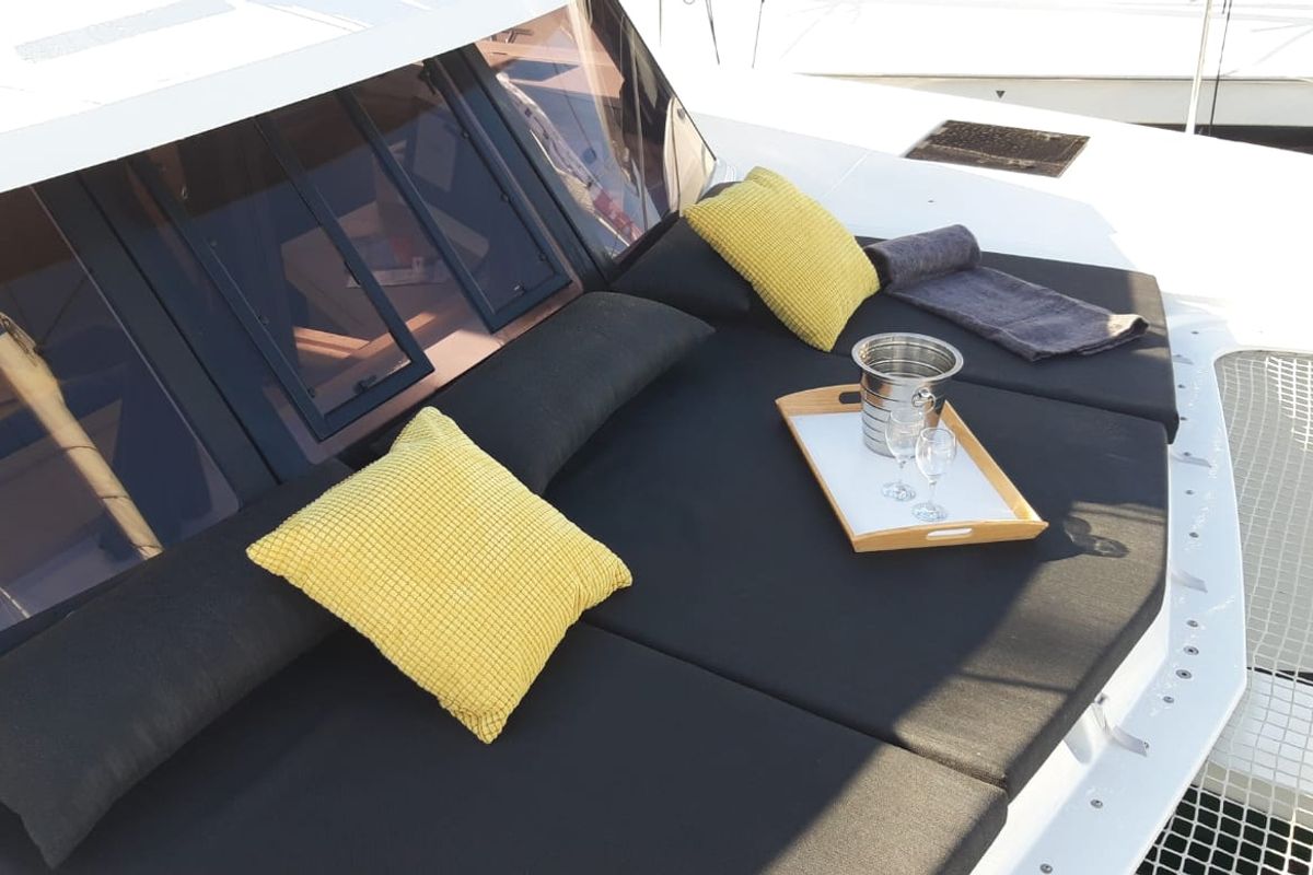 Deck of NALA, a Fountaine Pajot Lucia 40 catamaran at Seget Donji, Croatia