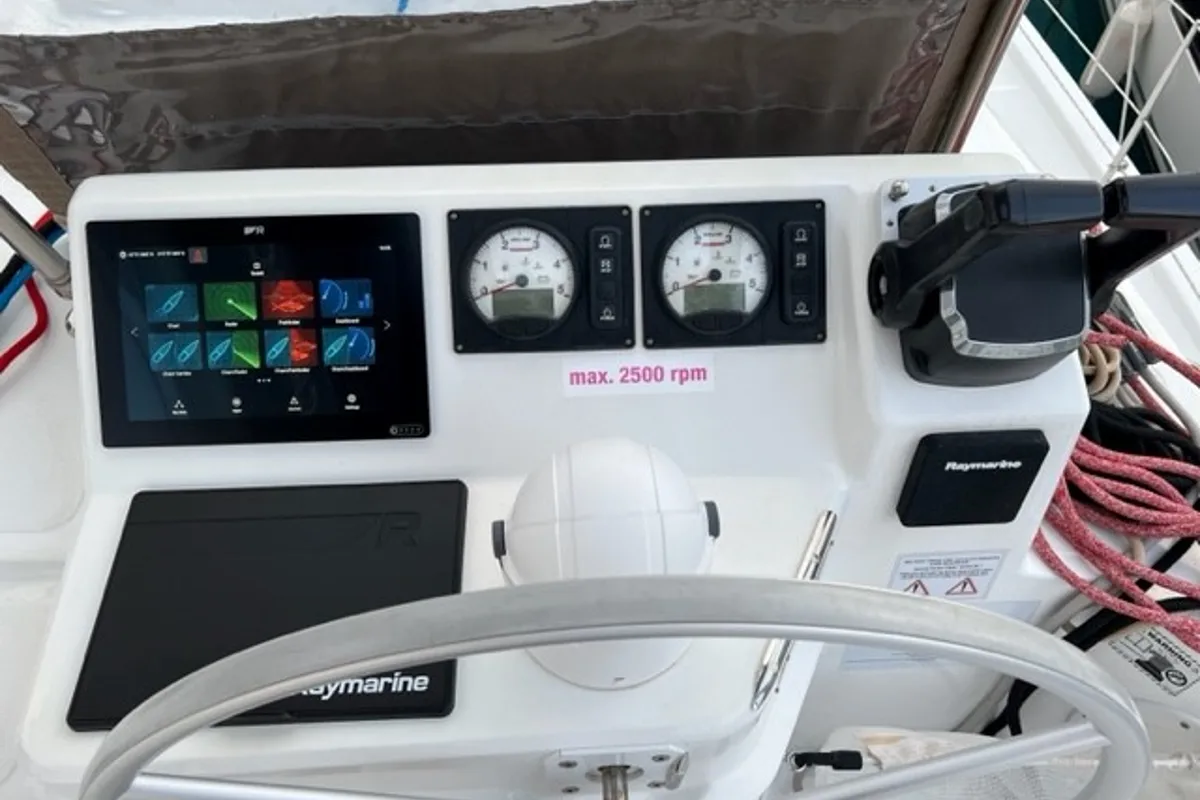 Cockpit of Moje Sunce, a Bali Catspace catamaran at Općina Rogoznica, Croatia