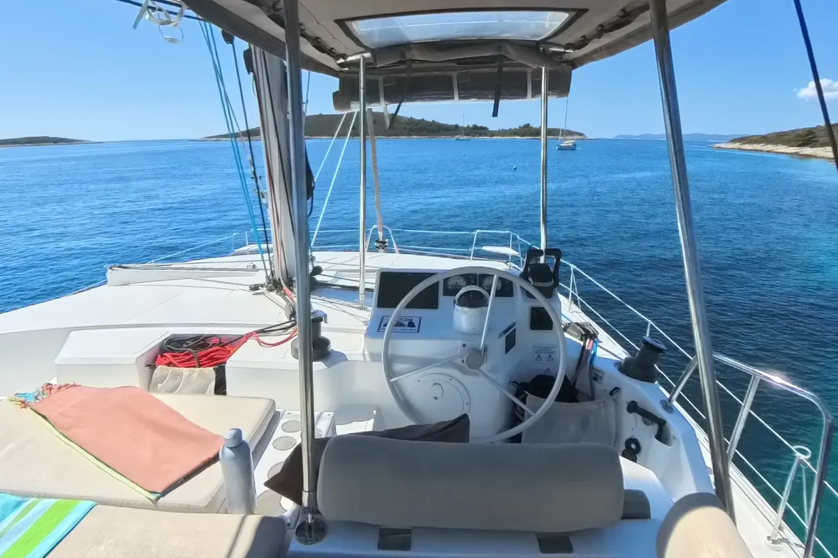 Cockpit of Moje Sunce, a Bali Catspace catamaran at Općina Rogoznica, Croatia