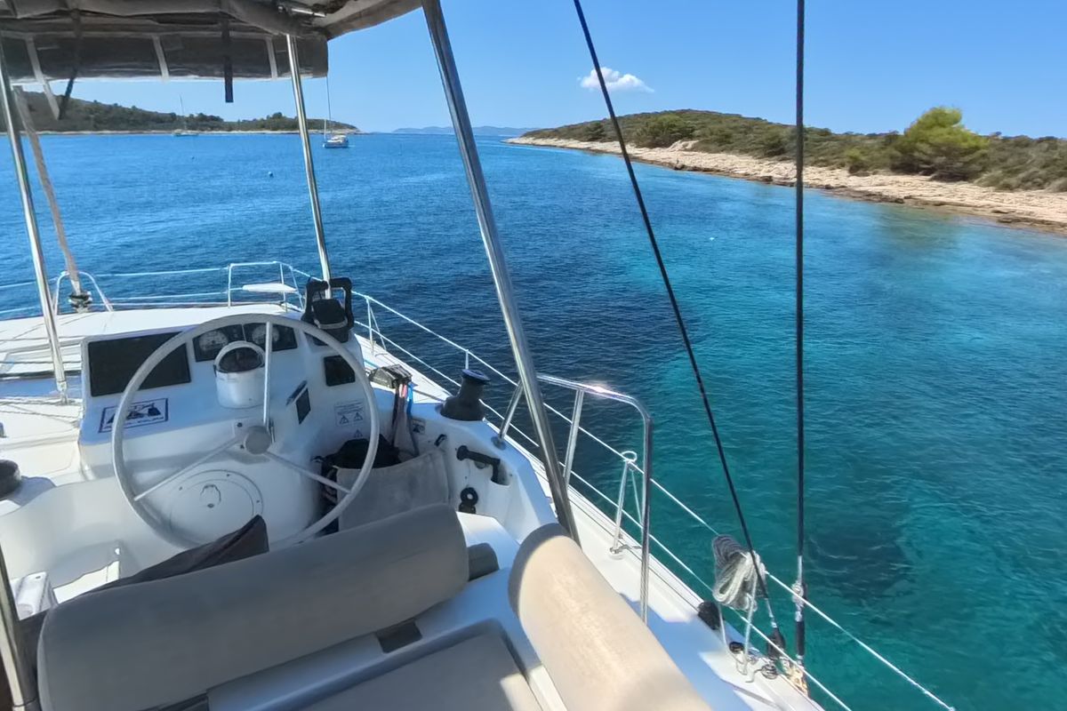 Cockpit of Moje Sunce, a Bali Catspace catamaran at Općina Rogoznica, Croatia