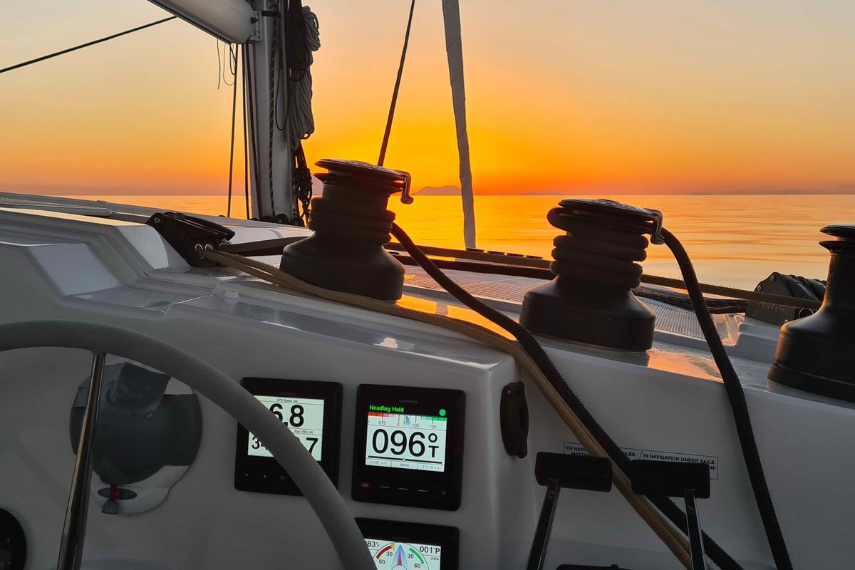 Cockpit of LUCIA 69, a Fountaine Pajot Lucia 40 catamaran at Municipal Unit of Lefkada, Greece