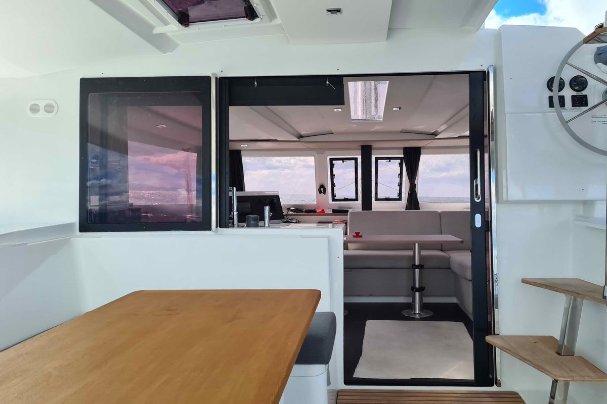 Salon of LUCIA 69, a Fountaine Pajot Lucia 40 catamaran at Municipal Unit of Lefkada, Greece
