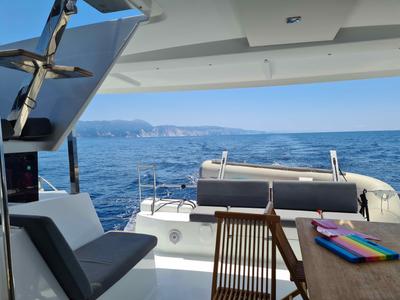 Deck of LUCIA 69, a Fountaine Pajot Lucia 40 catamaran at Municipal Unit of Lefkada, Greece