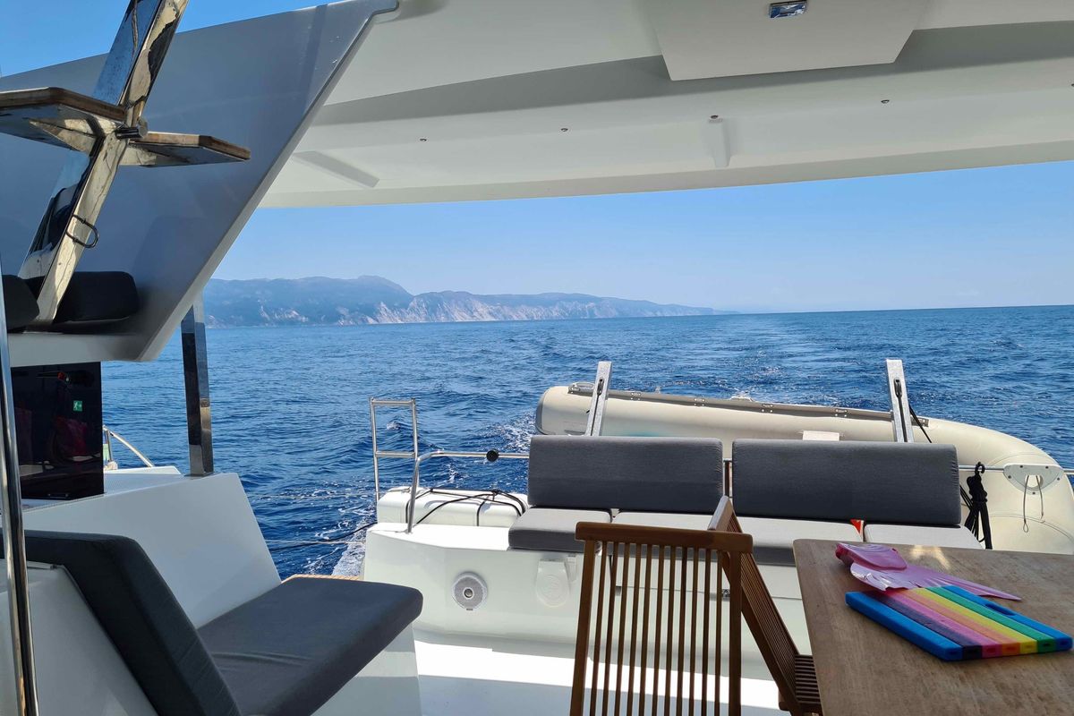Deck of LUCIA 69, a Fountaine Pajot Lucia 40 catamaran at Municipal Unit of Lefkada, Greece