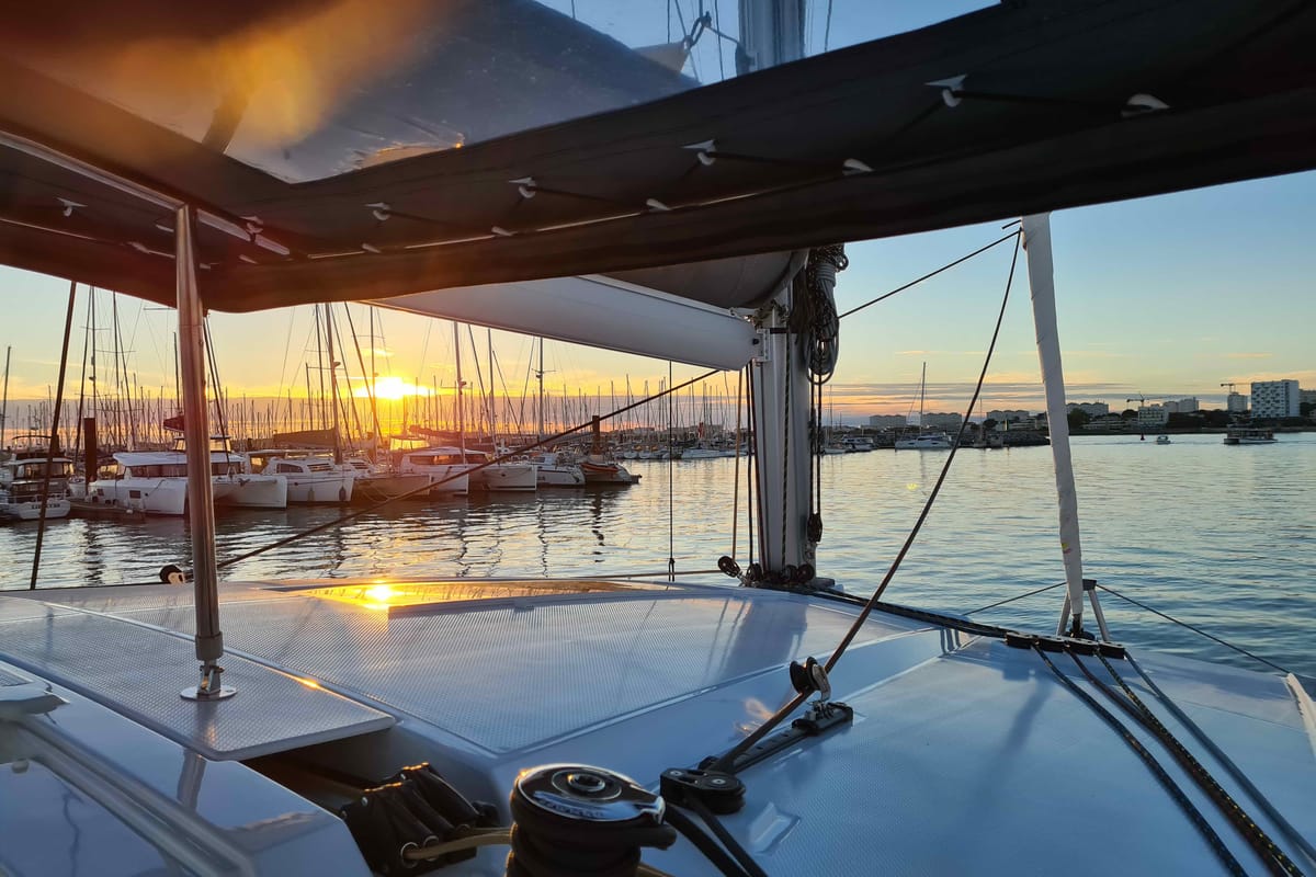 Deck of LUCIA 69, a Fountaine Pajot Lucia 40 catamaran at Municipal Unit of Lefkada, Greece