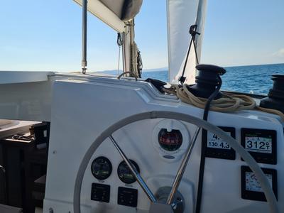 Cockpit of LUCIA 69, a Fountaine Pajot Lucia 40 catamaran at Municipal Unit of Lefkada, Greece