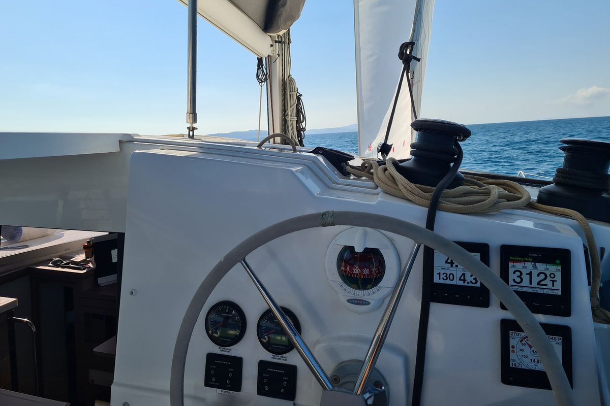 Cockpit of LUCIA 69, a Fountaine Pajot Lucia 40 catamaran at Municipal Unit of Lefkada, Greece