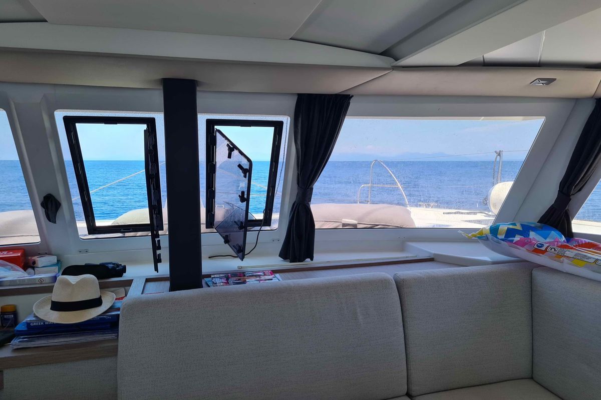 Salon of LUCIA 69, a Fountaine Pajot Lucia 40 catamaran at Municipal Unit of Lefkada, Greece