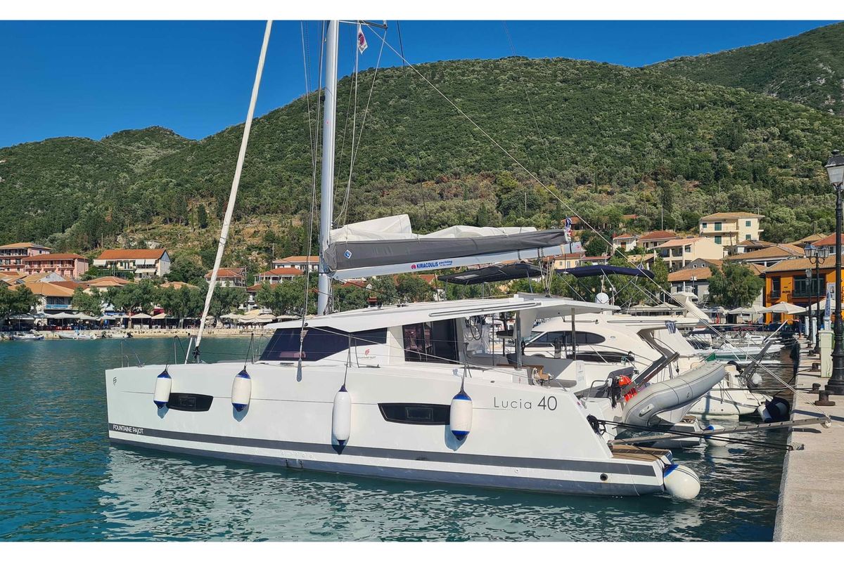 Exterior view of LUCIA 69, a Fountaine Pajot Lucia 40 catamaran at Municipal Unit of Lefkada, Greece