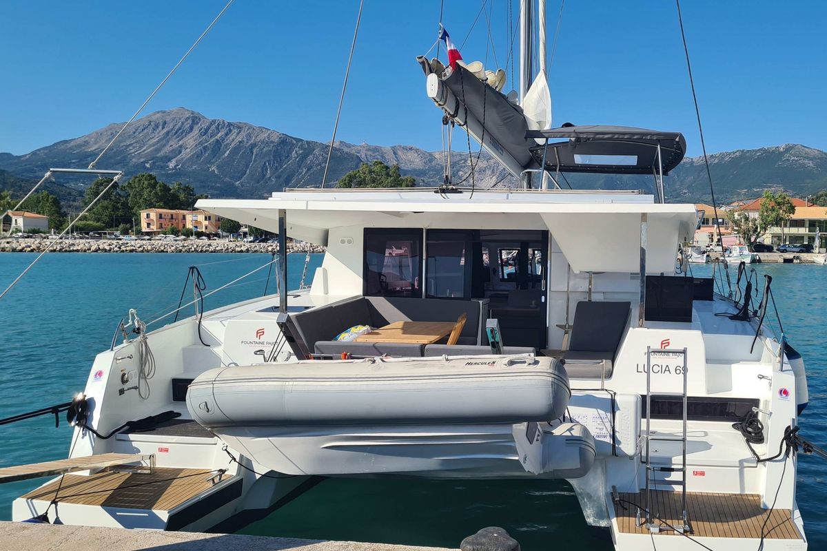 Exterior view of LUCIA 69, a Fountaine Pajot Lucia 40 catamaran at Municipal Unit of Lefkada, Greece