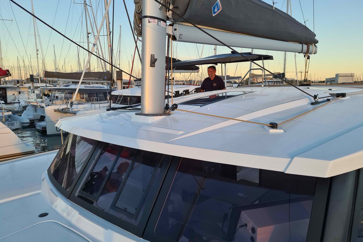 Deck of LUCIA 69, a Fountaine Pajot Lucia 40 catamaran at Municipal Unit of Lefkada, Greece
