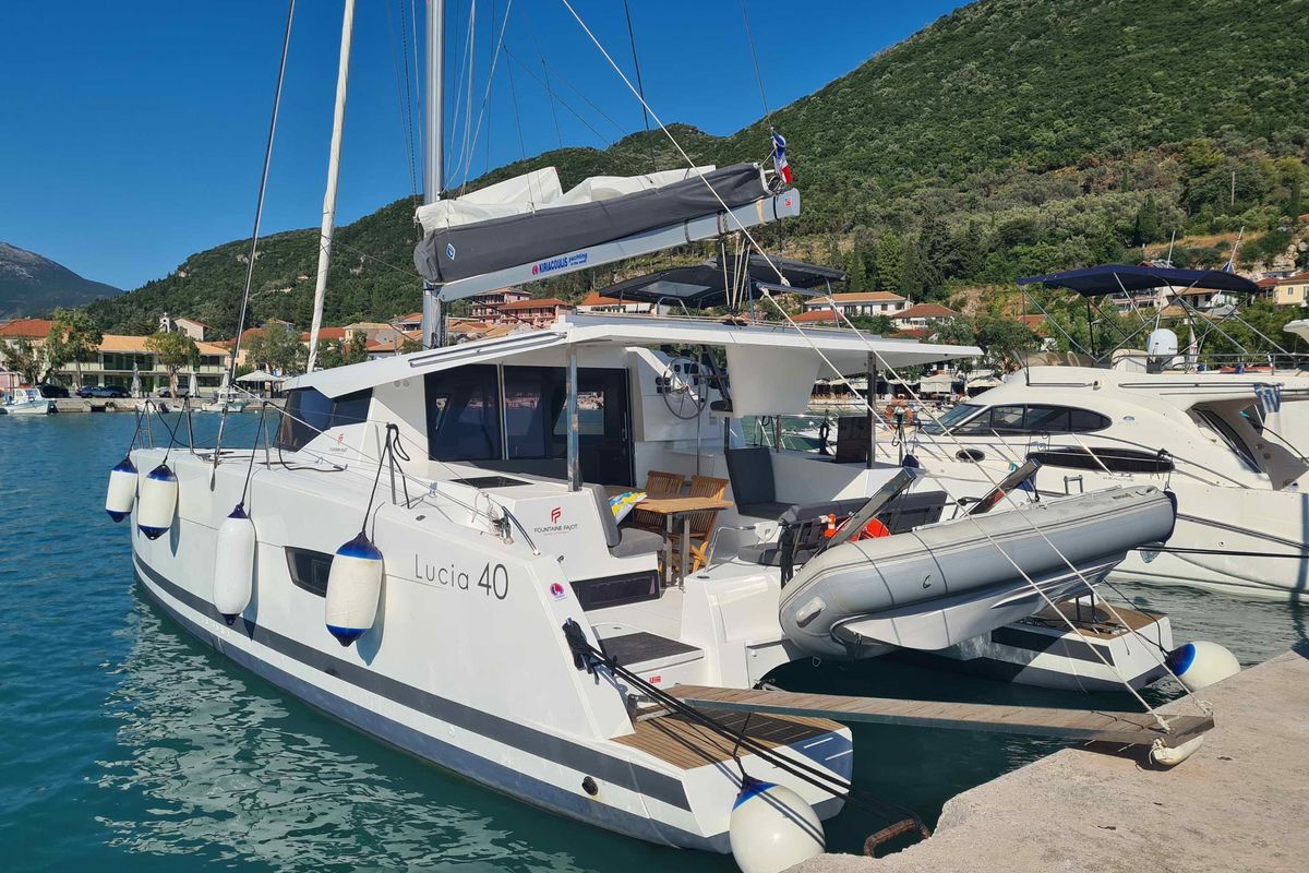 Exterior view of LUCIA 69, a Fountaine Pajot Lucia 40 catamaran at Municipal Unit of Lefkada, Greece