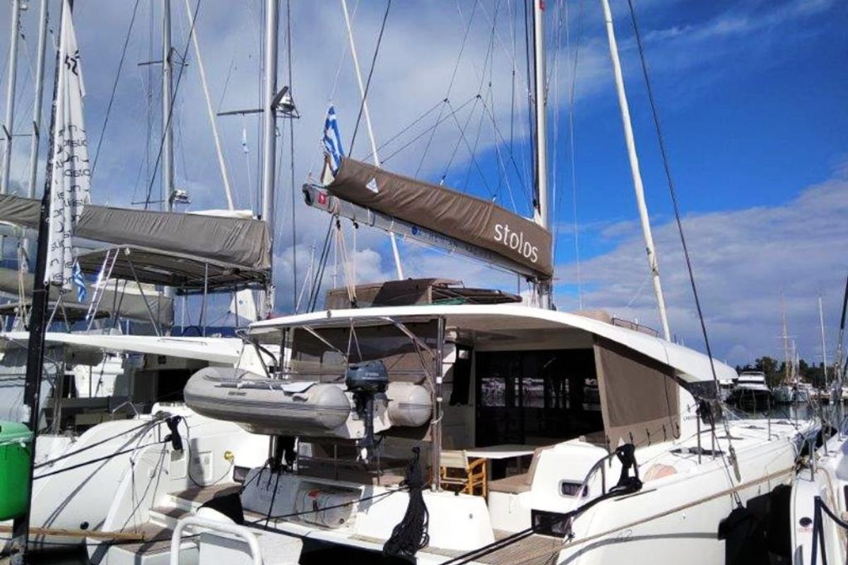 Exterior view of Stolos, a Lagoon 42 catamaran at Lavreotiki Municipal Unit, Greece