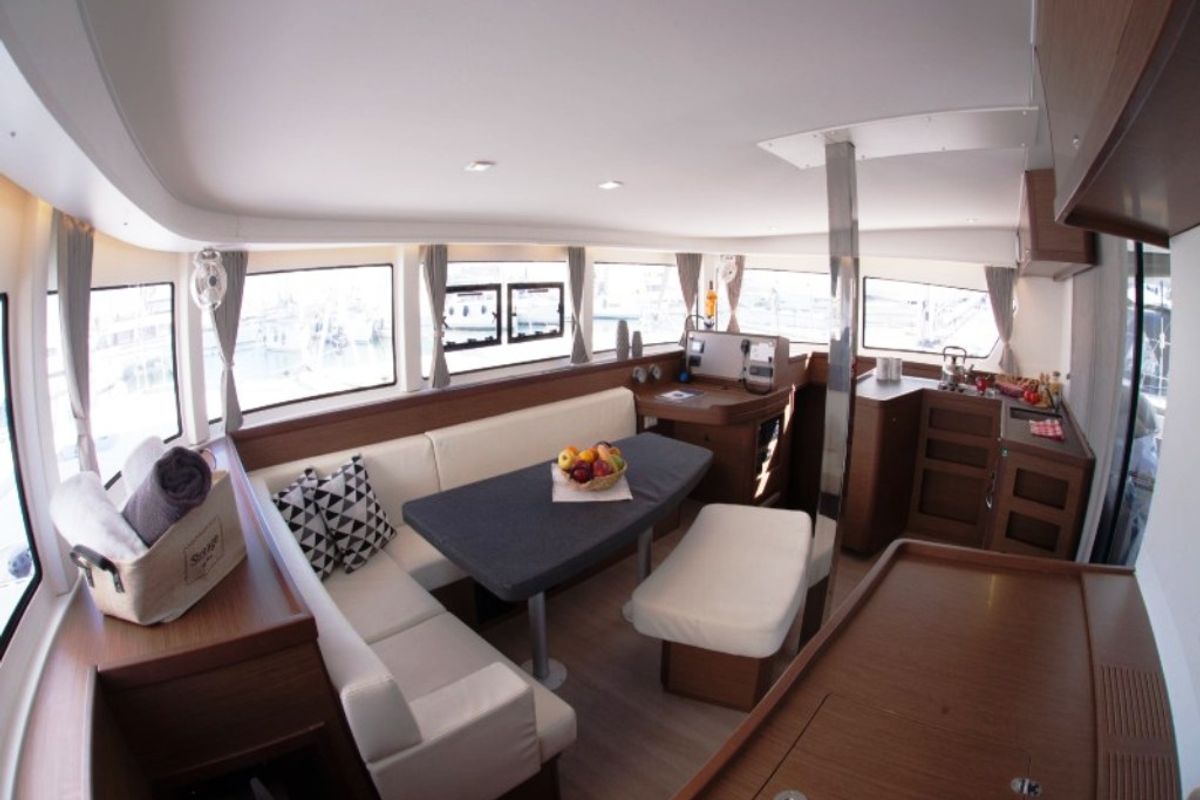 Salon of Stolos, a Lagoon 42 catamaran at Lavreotiki Municipal Unit, Greece