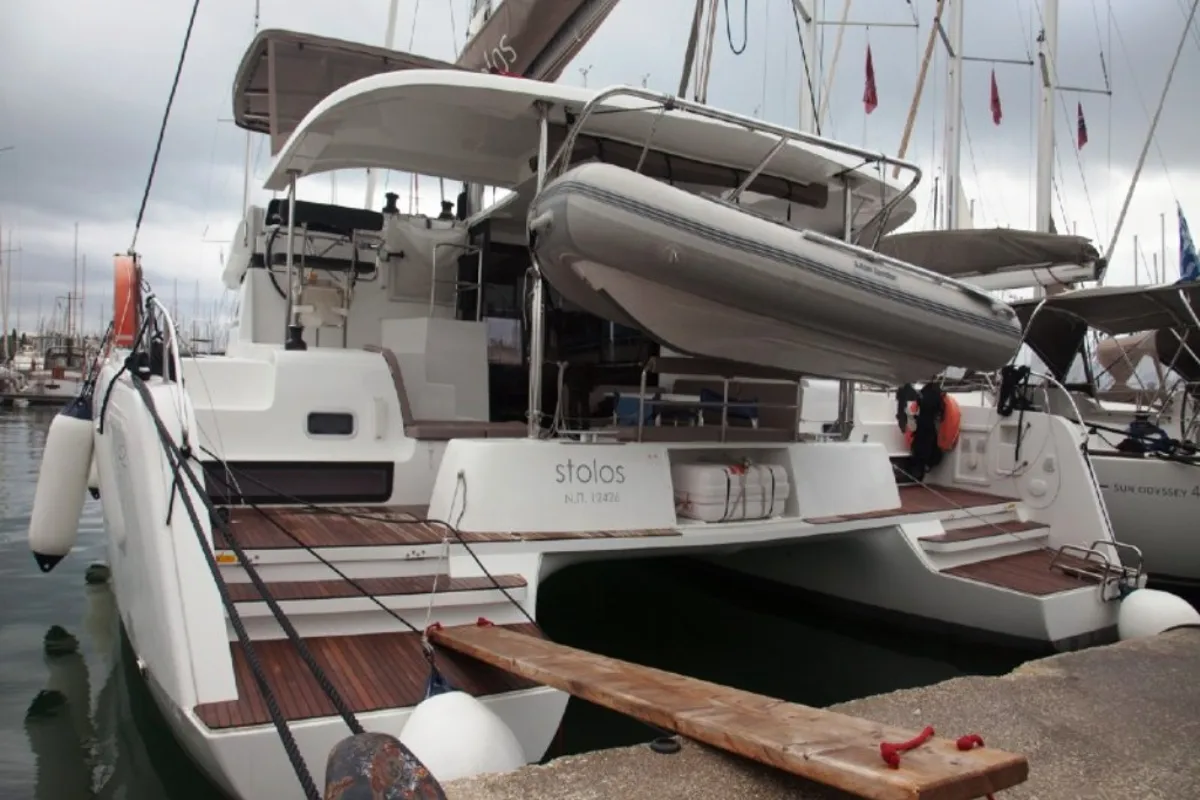 Exterior view of Stolos, a Lagoon 42 catamaran at Lavreotiki Municipal Unit, Greece