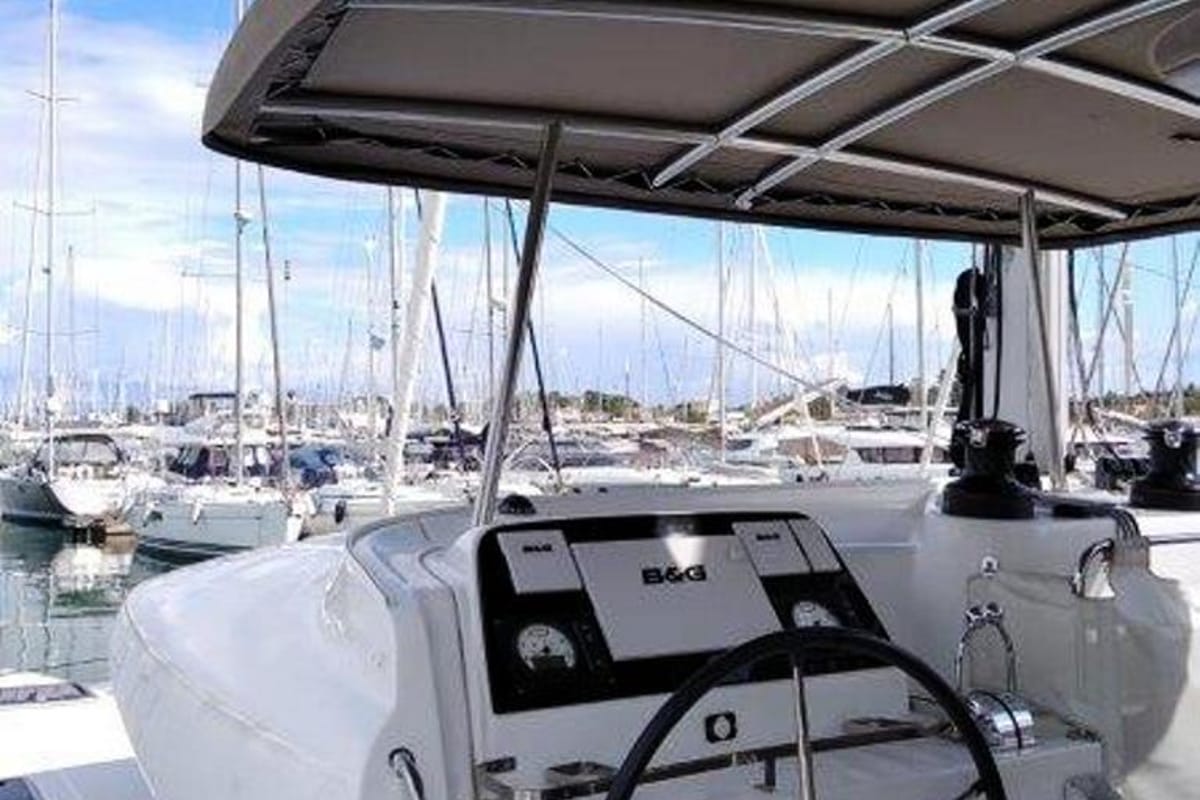 Cockpit of Stolos, a Lagoon 42 catamaran at Lavreotiki Municipal Unit, Greece