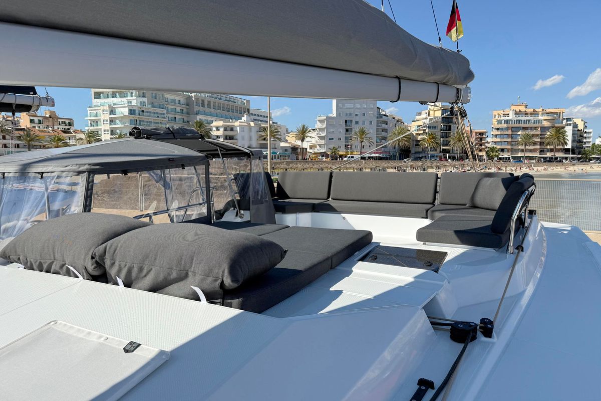 Deck of Yara, a Fountaine Pajot Elba 45 catamaran at Palma de Mallorca, Spain