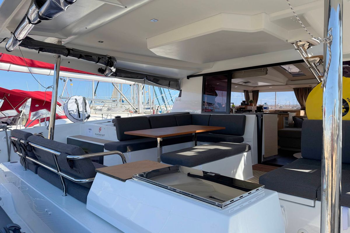 Deck of Yara, a Fountaine Pajot Elba 45 catamaran at Palma de Mallorca, Spain