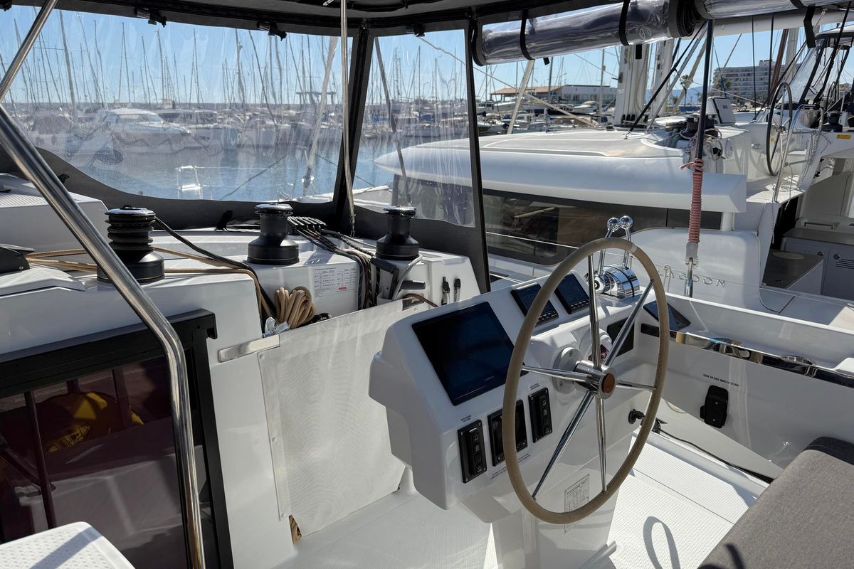 Cockpit of Yara, a Fountaine Pajot Elba 45 catamaran at Palma de Mallorca, Spain