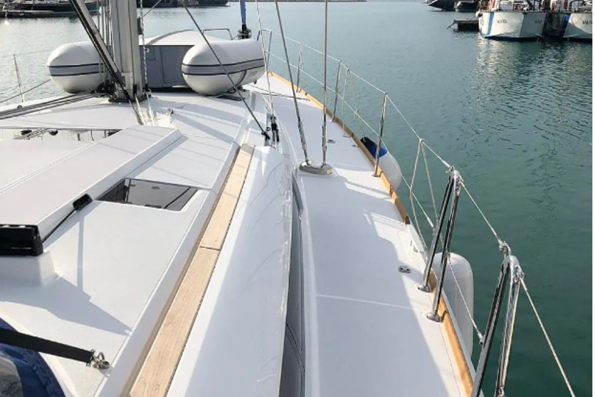 Deck of Misty, a Jeanneau Sun Odyssey 519 sailboat at Municipal Unit of Palairos, Greece