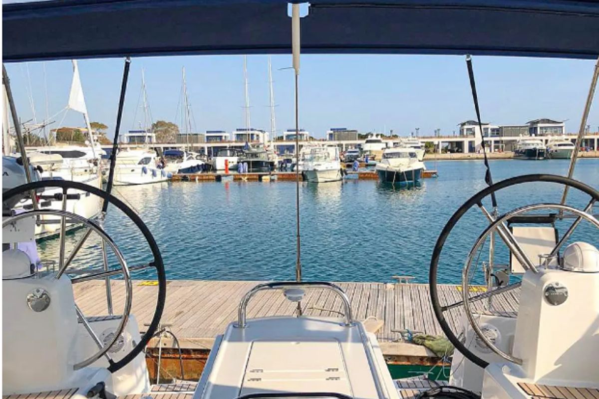 Cockpit of Misty, a Jeanneau Sun Odyssey 519 sailboat at Municipal Unit of Palairos, Greece