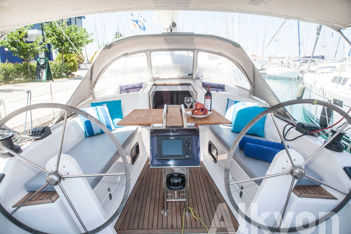 Cockpit of Magnifique, a Hanse Yachts Hanse 345 sailboat at Municipal Unit of Lefkada, Greece