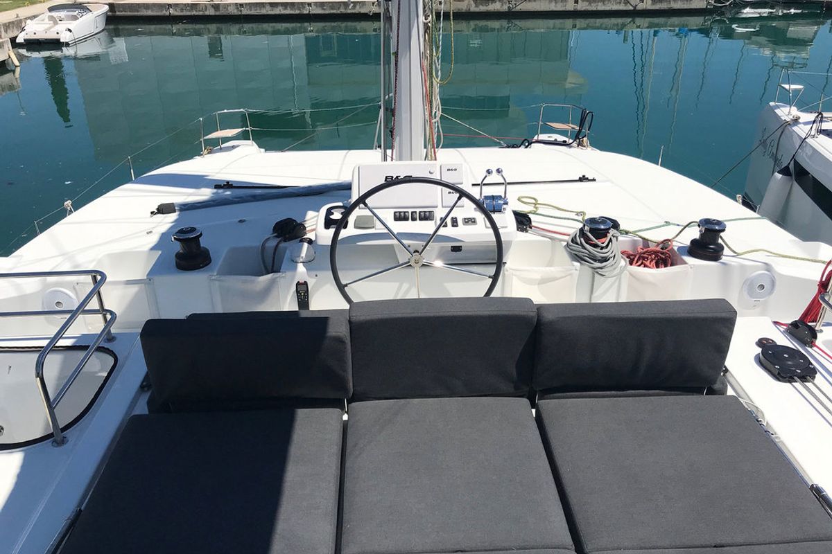 Cockpit of Adriatic Leopard, a Lagoon 50 catamaran at Grad Kaštela, Croatia