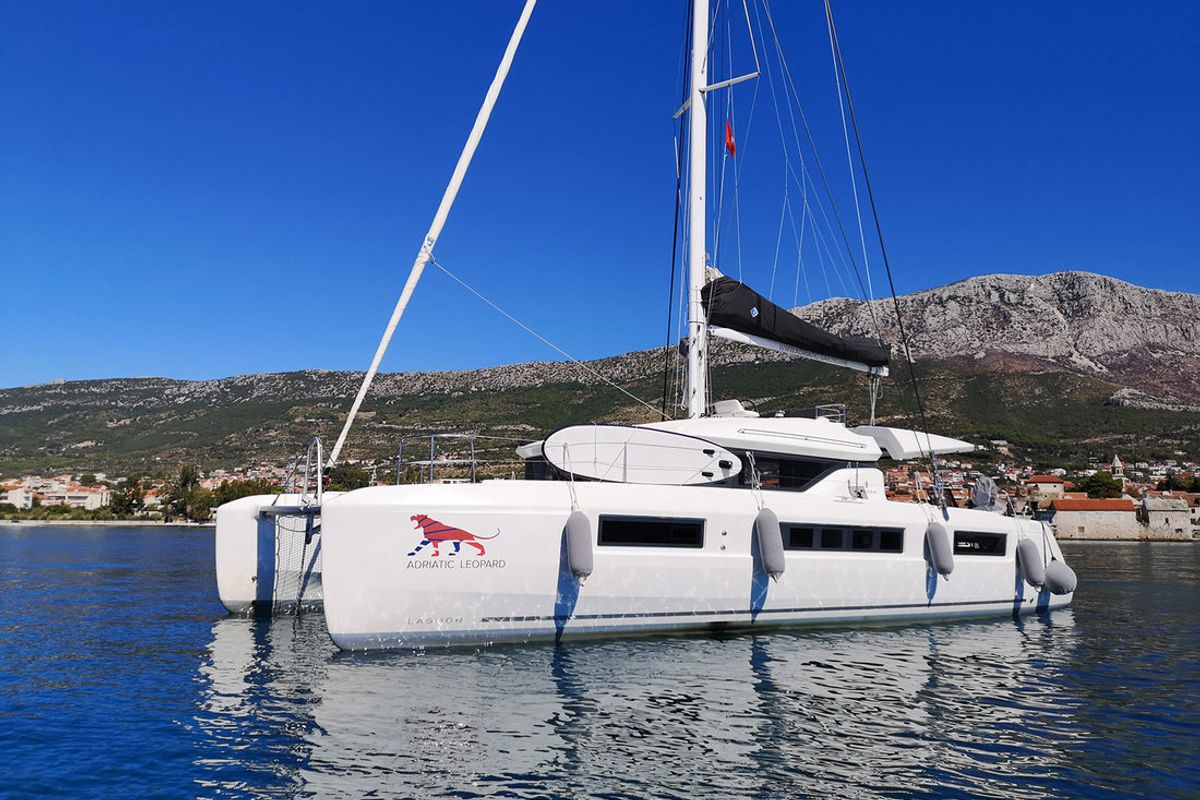 Exterior view of Adriatic Leopard, a Lagoon 50 catamaran at Grad Kaštela, Croatia