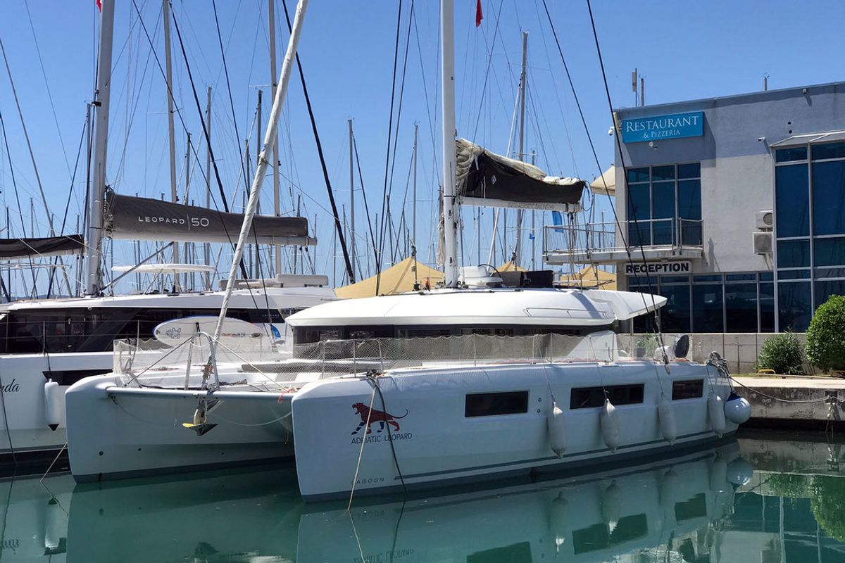 Exterior view of Adriatic Leopard, a Lagoon 50 catamaran at Grad Kaštela, Croatia