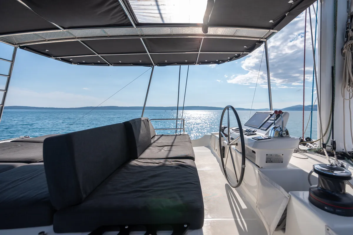 Cockpit of Adriatic Leopard, a Lagoon 50 catamaran at Grad Kaštela, Croatia