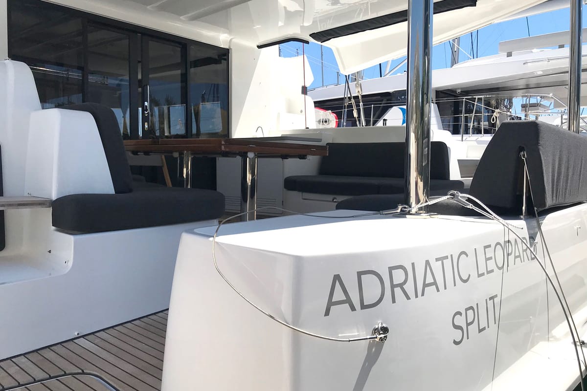Deck of Adriatic Leopard, a Lagoon 50 catamaran at Grad Kaštela, Croatia