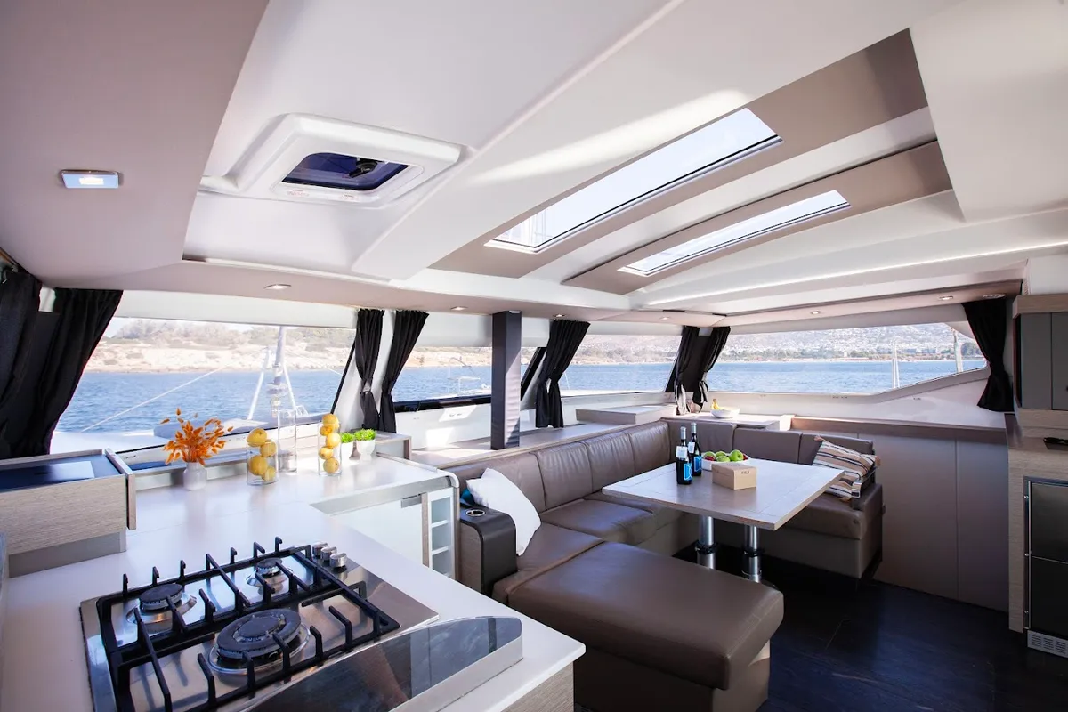 Galley of Olympus, a Fountaine Pajot Elba 45 catamaran at Athens, Greece