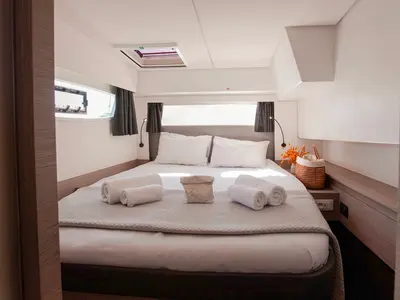 Cabin on Olympus, a Fountaine Pajot Elba 45 catamaran at Athens, Greece