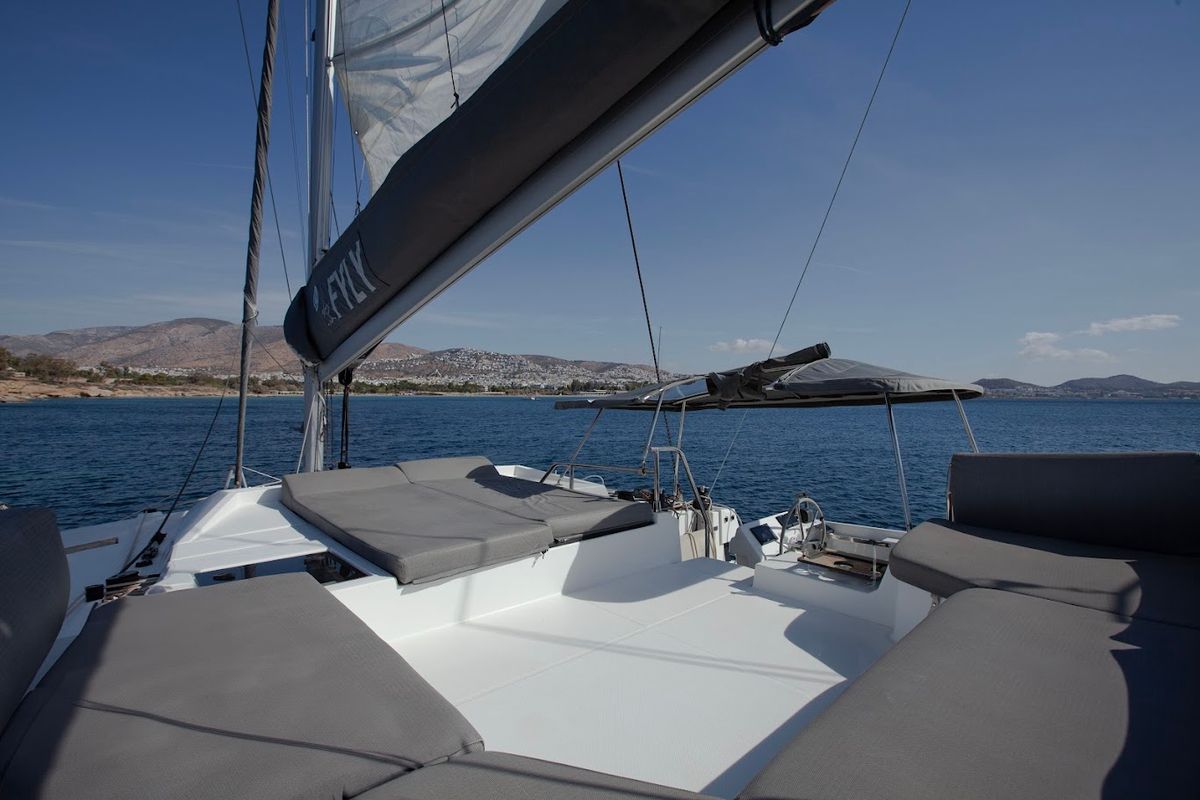 Deck of Olympus, a Fountaine Pajot Elba 45 catamaran at Athens, Greece