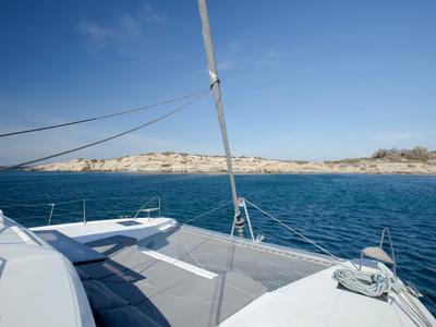 Deck of Olympus, a Fountaine Pajot Elba 45 catamaran at Athens, Greece