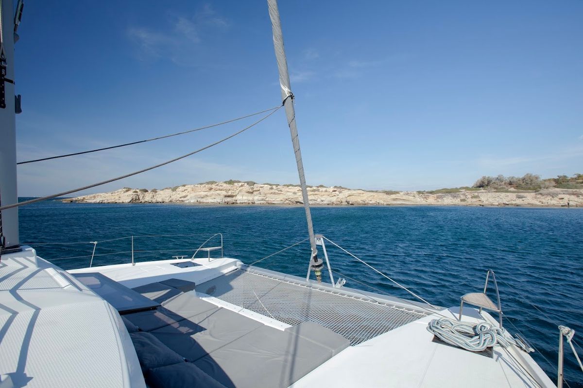 Deck of Olympus, a Fountaine Pajot Elba 45 catamaran at Athens, Greece