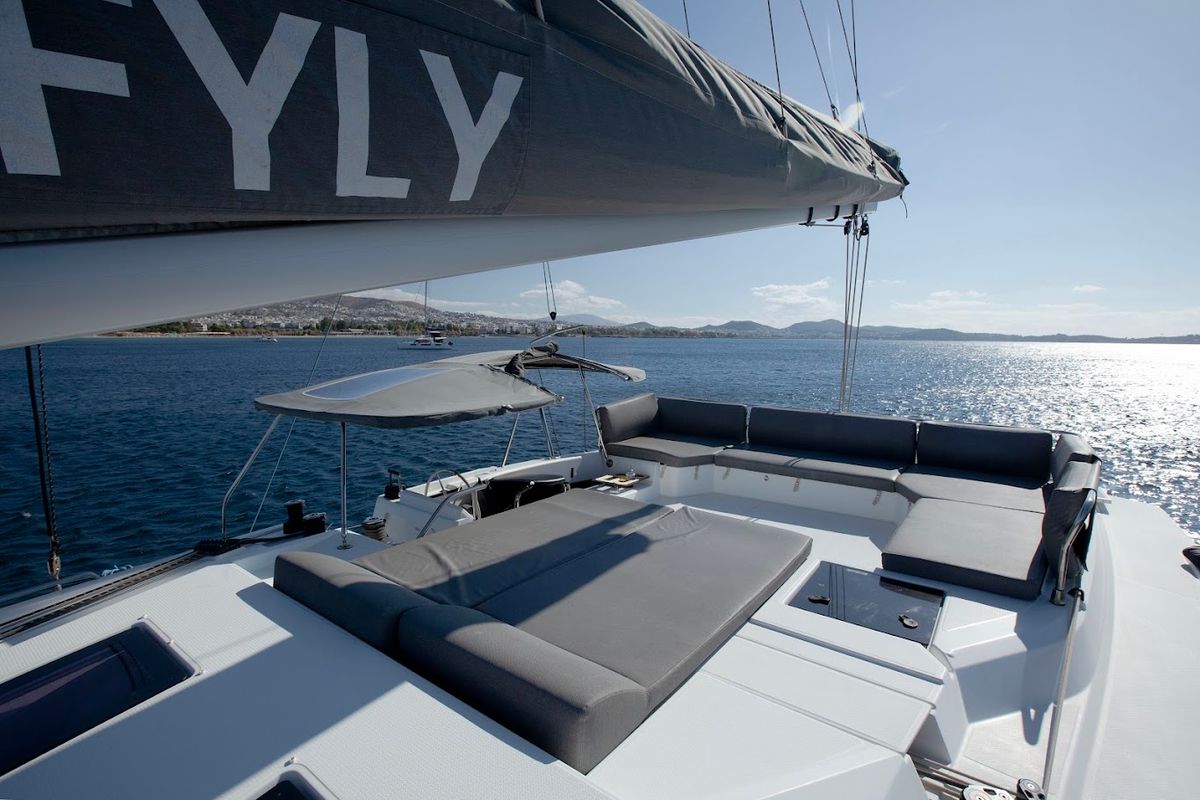 Deck of Olympus, a Fountaine Pajot Elba 45 catamaran at Athens, Greece