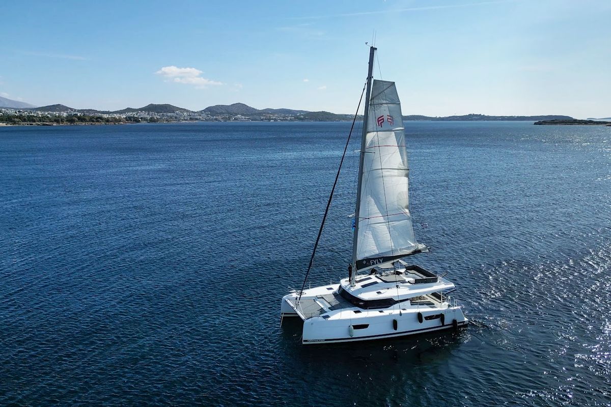 Exterior view of Olympus, a Fountaine Pajot Elba 45 catamaran at Athens, Greece