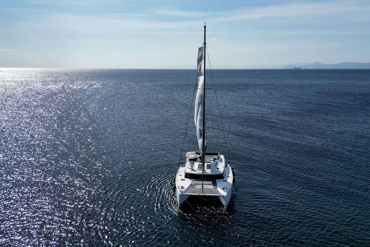 Exterior view of Olympus, a Fountaine Pajot Elba 45 catamaran at Athens, Greece