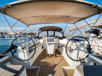 Cockpit of Aliki, a Jeanneau Sun Odyssey 439 sailboat at Preveza, Greece