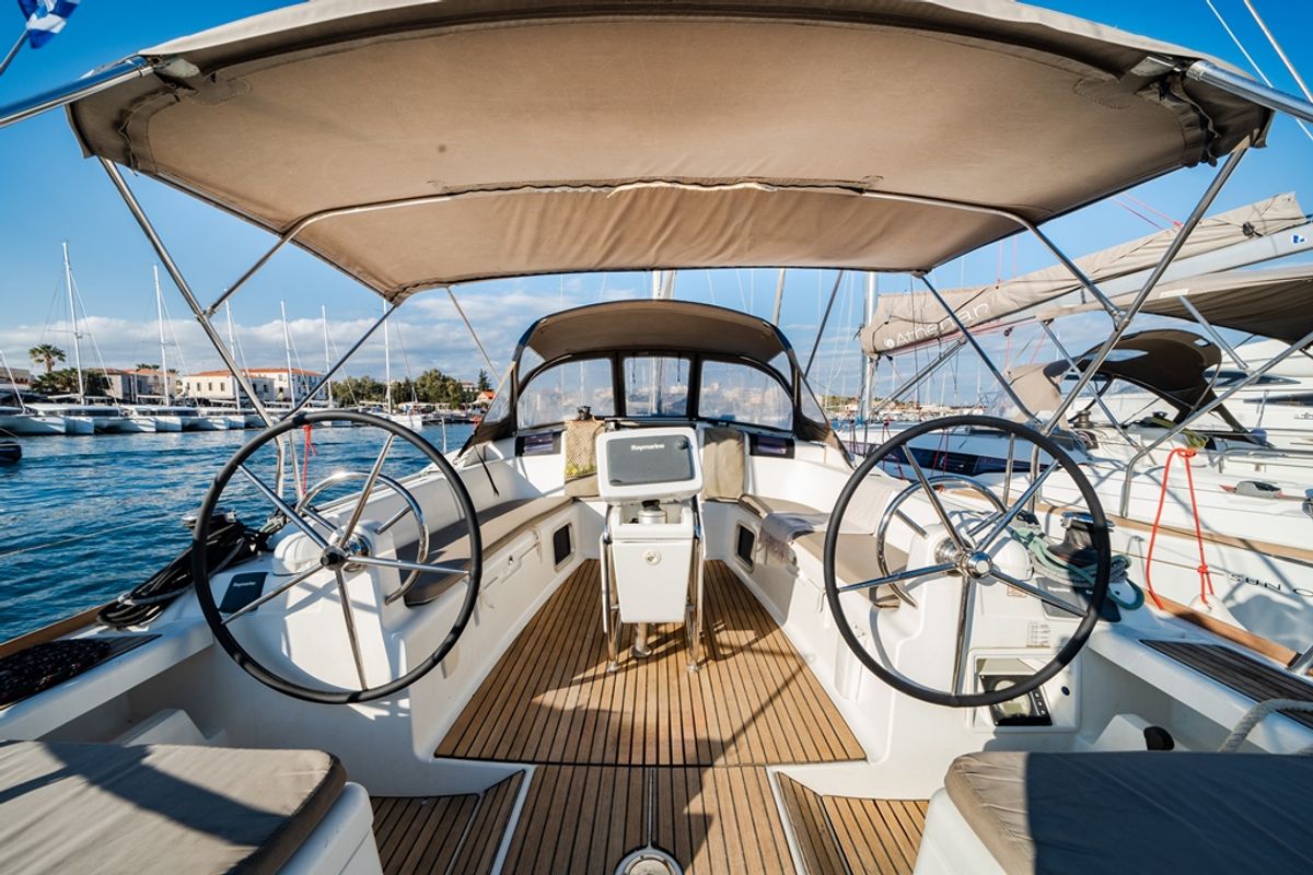Cockpit of Aliki, a Jeanneau Sun Odyssey 439 sailboat at Preveza, Greece