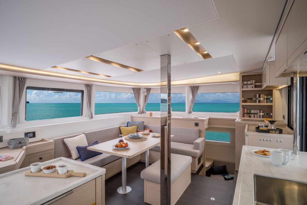 Salon of SunDay, a Lagoon 46 catamaran at Thira Municipal Unit, Greece