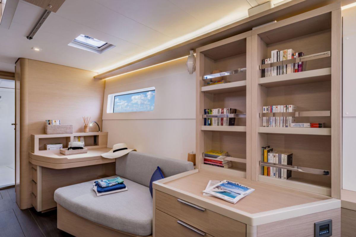 Salon of SunDay, a Lagoon 46 catamaran at Thira Municipal Unit, Greece