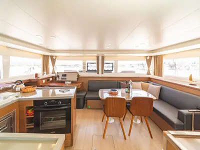 Salon of Buena Suerte, a Lagoon 450 Fly catamaran at Athens, Greece