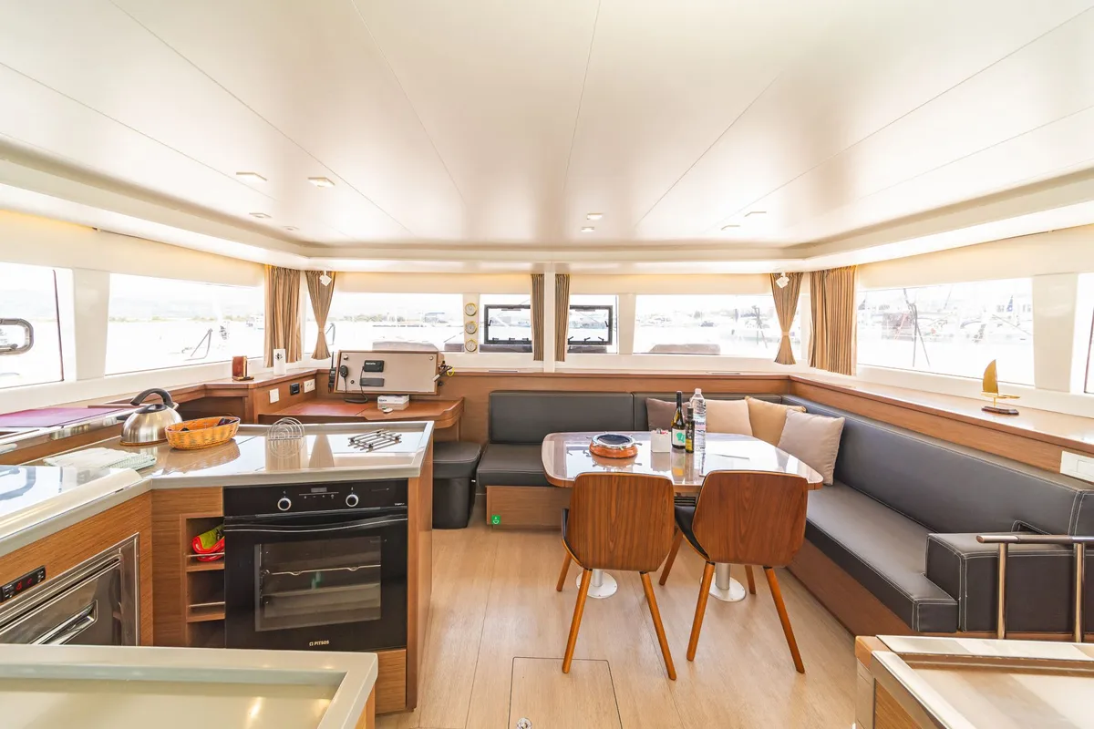Salon of Buena Suerte, a Lagoon 450 Fly catamaran at Athens, Greece