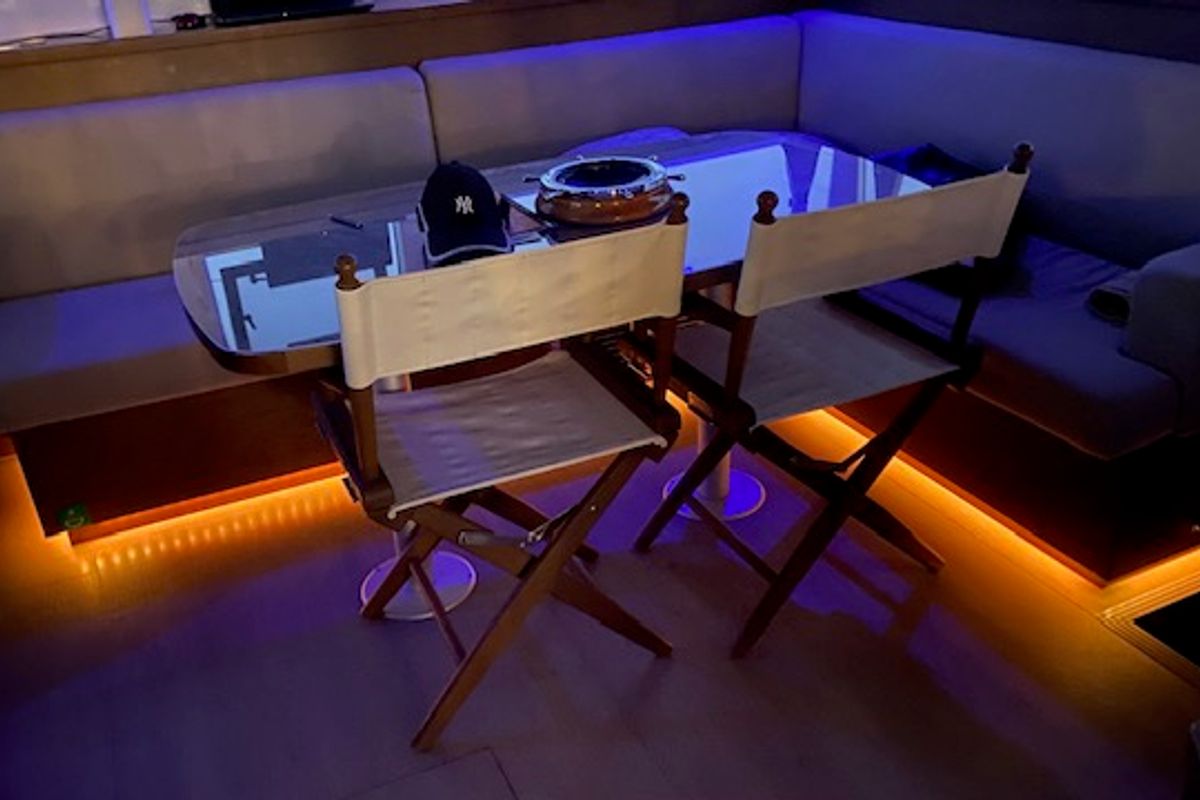 Salon of Buena Suerte, a Lagoon 450 Fly catamaran at Athens, Greece